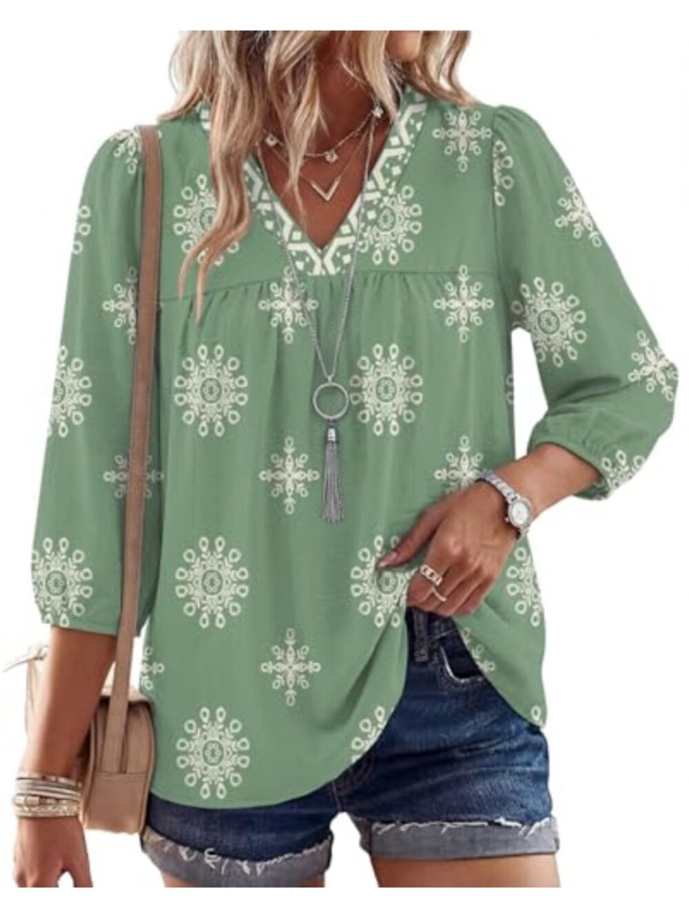 Boho V-Neck 3/4 Sleeve Blouse Rayon Blend Woven Tunic Shirt